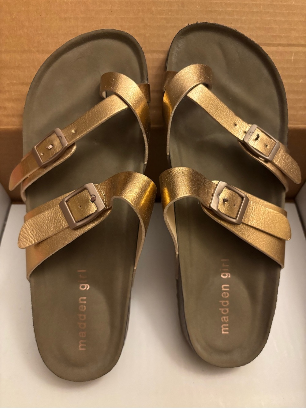 Madden Girl Metallic Bronze Double Buckle Slide Sandals size 7